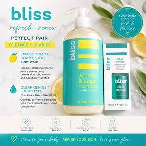 Bliss Lemon & Sage Body Wash and‎ Clear Genius Liquid Peel Set 2pc New